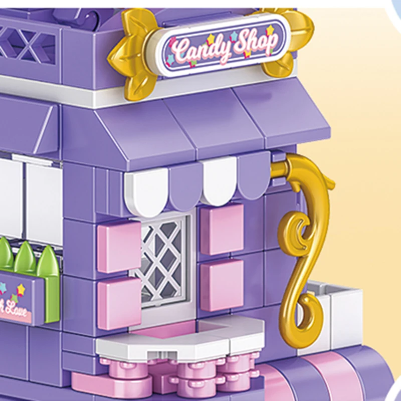 ชุดตัวต่ออาคารเมืองร้านขายลูกอมบ้านขนมปังขิงตกแต่งโต๊ะทำงานของเล่นเด็ก DIY ของขวัญคริสต์มาสและวันเกิด