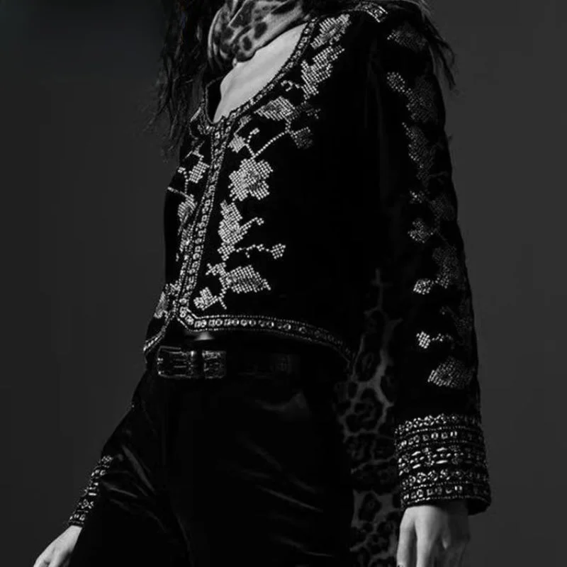 

Faionable round Ne Long Sve Embroidered Velvet Jaet New Arrival Women's Street Sle Straight Cut ort Coat 2025 Au...