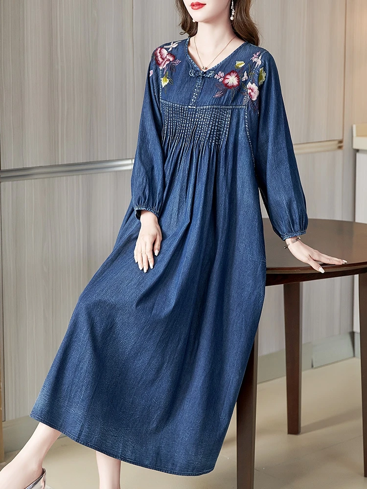 TIYIHAILEY Free Shipping A-line Women Long Mid-Calf Full Sleeve Denim Spring Dresses Chinese Style Embroidery V-Neck 2022