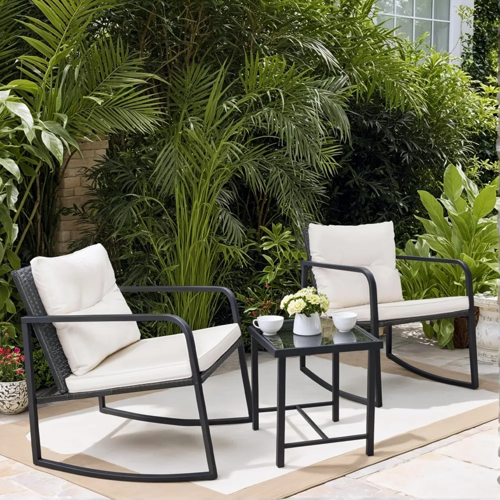 

3 Pieces Rocking Wicker Bistro Set, Patio Outdoor Furniture Conversation Sets with Porch Chairs and Glass Coffee Table,
