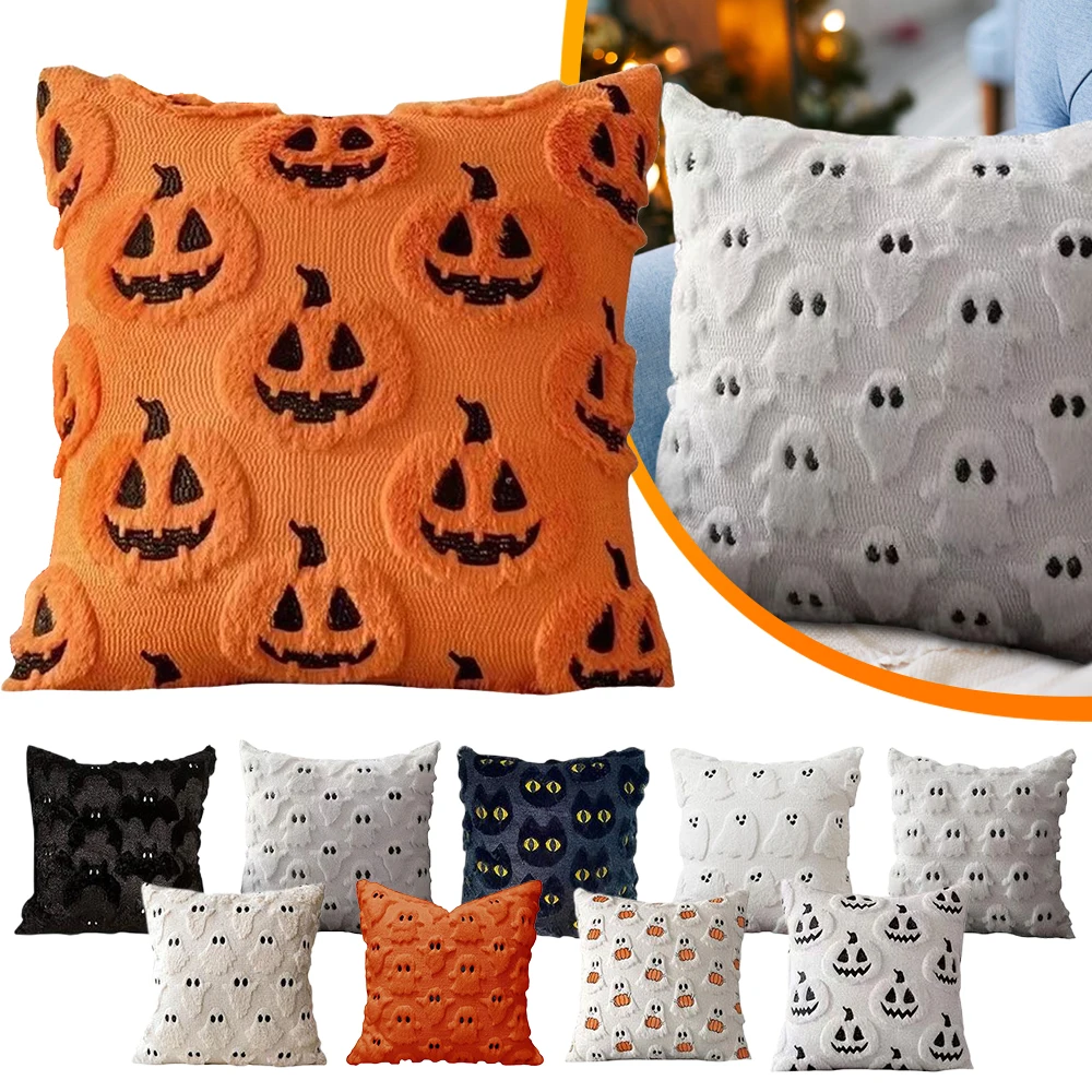 Halloween Plush Faux Fur Pillowcase Washable Ghost&Pumpkin Pillow Cover Throw Pillow Cover for Couch Sofa Bedroom Home Decor