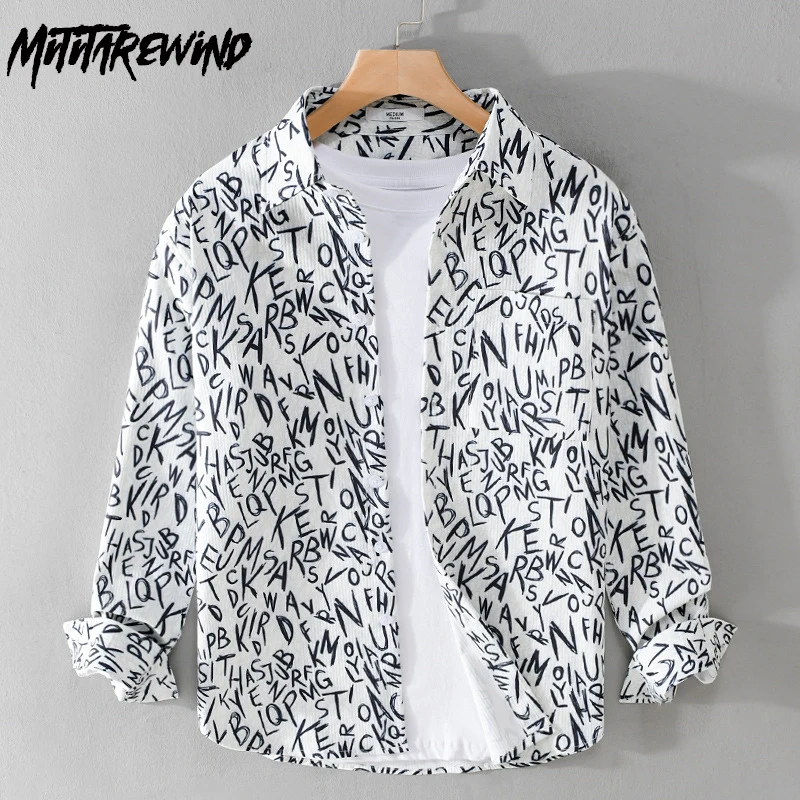 

Spring Autumn New Men's Shirts Korean Youth Trend Streetwear Letter Graffiti Tops Casual Lapel Long Sleeve Shirt Loose Overshirt