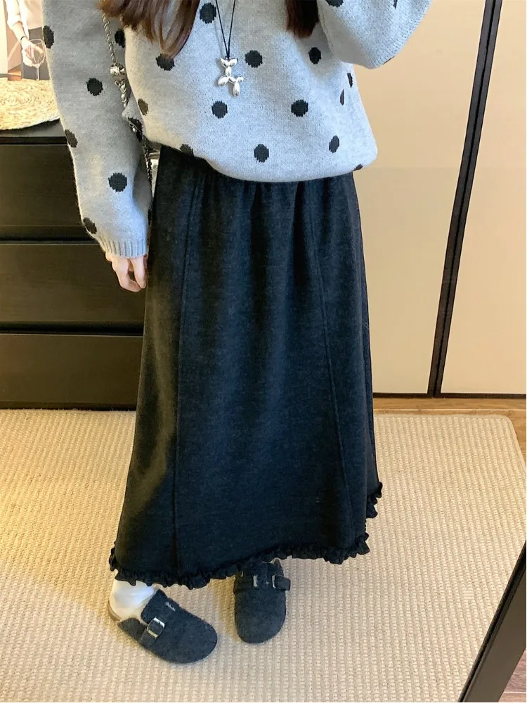 

High Waist A-Line Midi Skirt Large Size Wool Blend Knee-Length Autumn Winter Fashionable Versatile Half-length Skirt