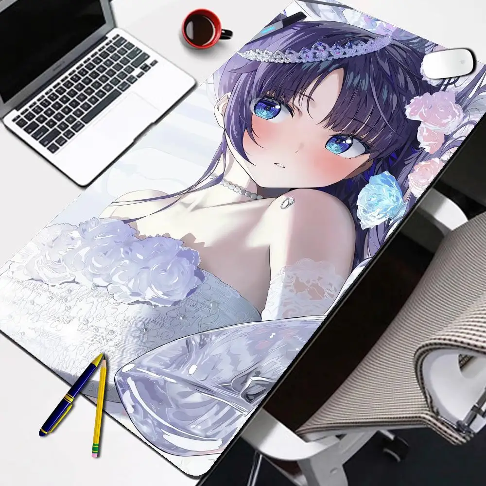 Gaming Mouse Pad, Large Desk Mat, Anti-slip Rubber, Stitched Edges, Purple Hair Bride Anime Girl Print, Extended Office Mat
