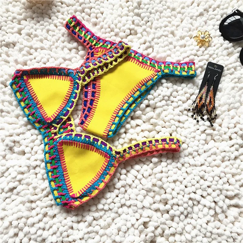 Yellow Swimsuit Swimwear Women Crochet Swimming Suit Neoprene Sexy Bikinis 2024 Micro Brazilian Bikini Set Push Up Bathing Suit