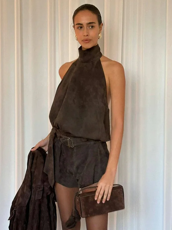 Diepbruin suède vest en orts-set Ne Hangende Svel Belted Faionable tweedelig damespak rond Ne Pullover Po...