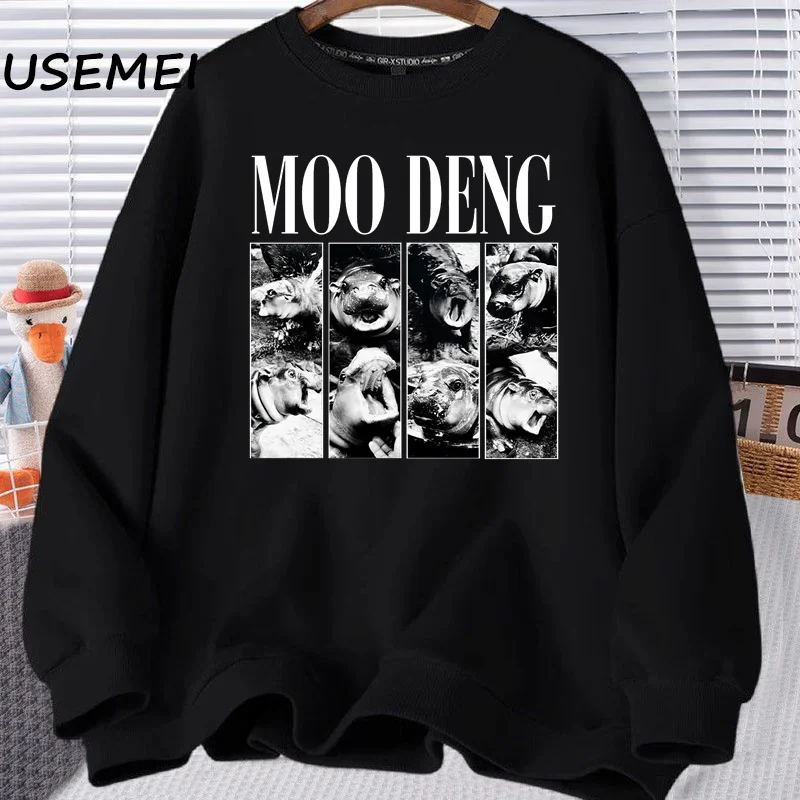 Moo Deng Sweatshirt Retro Harajuku Pullover Baby Pygmy Hippo Moodeng Hooded Halloween Trendy Pullover Clothing Streetwear