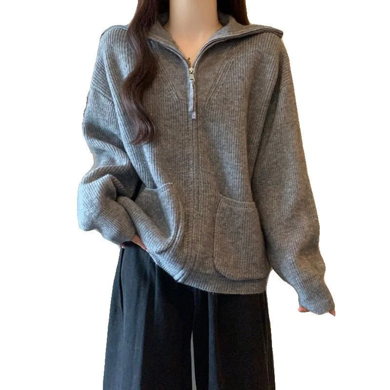 Nuovo cardigan per donna Abbigliamento donna Maglione con cerniera bavero Cappotto lavorato a maglia Cardigan Autunno e inverno nuovo cappotto alla moda allentato