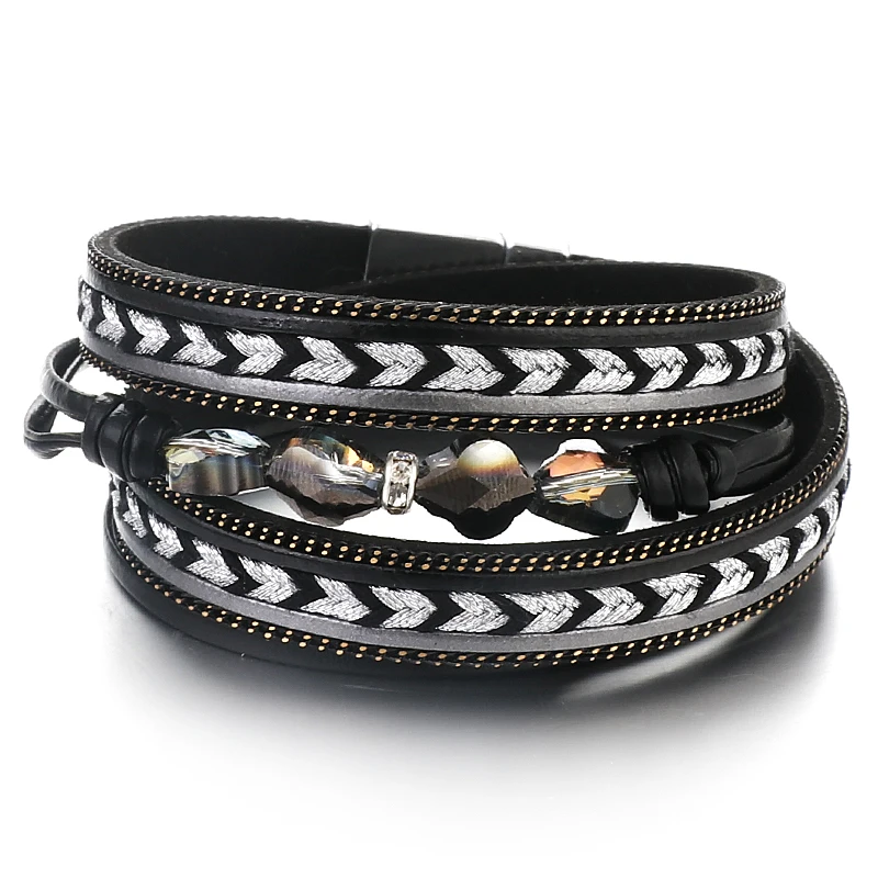 ALLYES Irregular Crystal Beads Arrow Leather Bracelet for Women Bohemian Long Multilayer Wrap Bracelets Vintage Jewelry