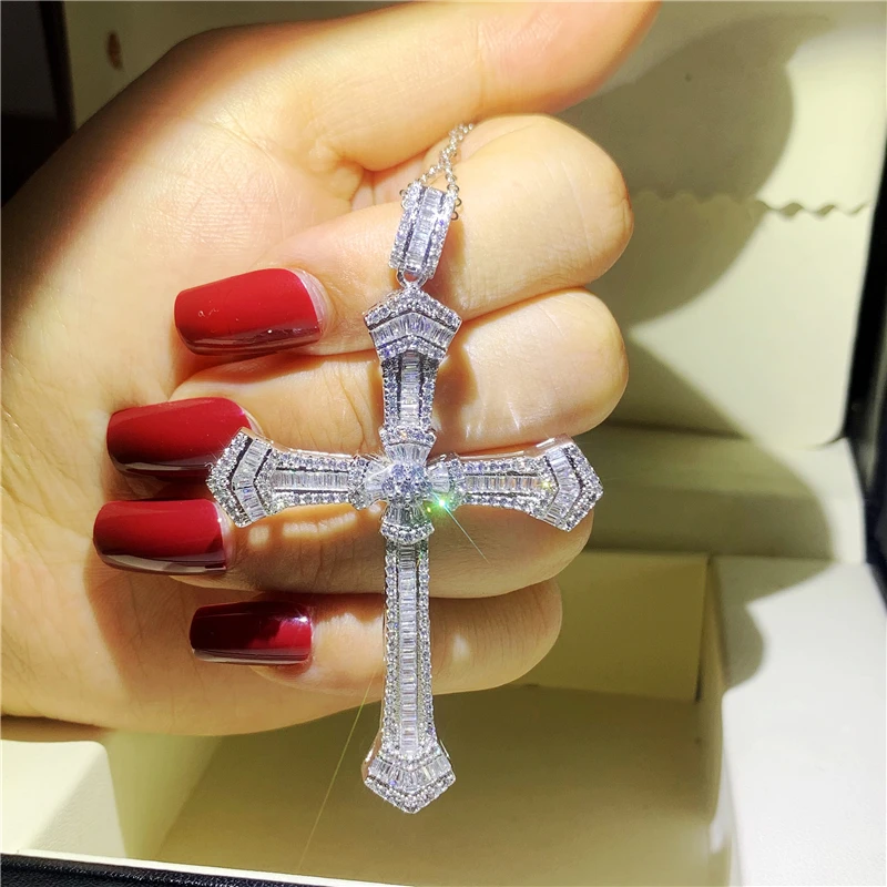 Shinning Unique Brand Luxury Jewelry 925 Silver Color Princess Cut White Pave 5A Cubic Zirconia Party Cross Pendant Necklace