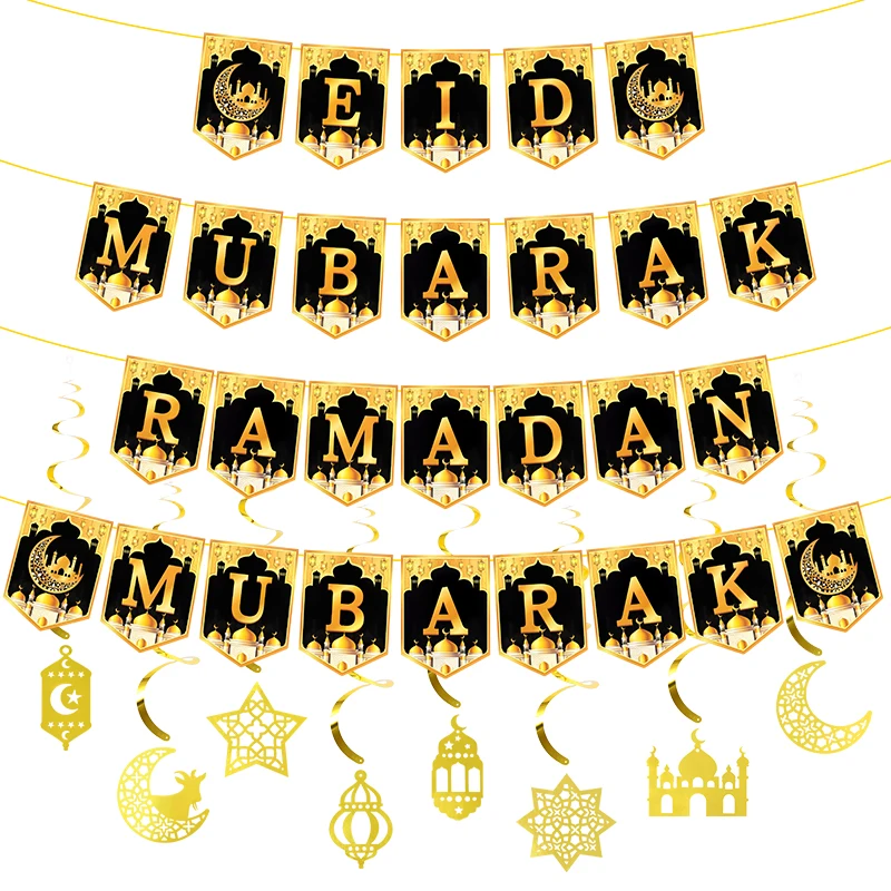 

1set EID Mubarak Banner Ramadan Kareem Star Moon Letter Paper Bunting Garland Decoration Islamic Muslim Party Home Decoration