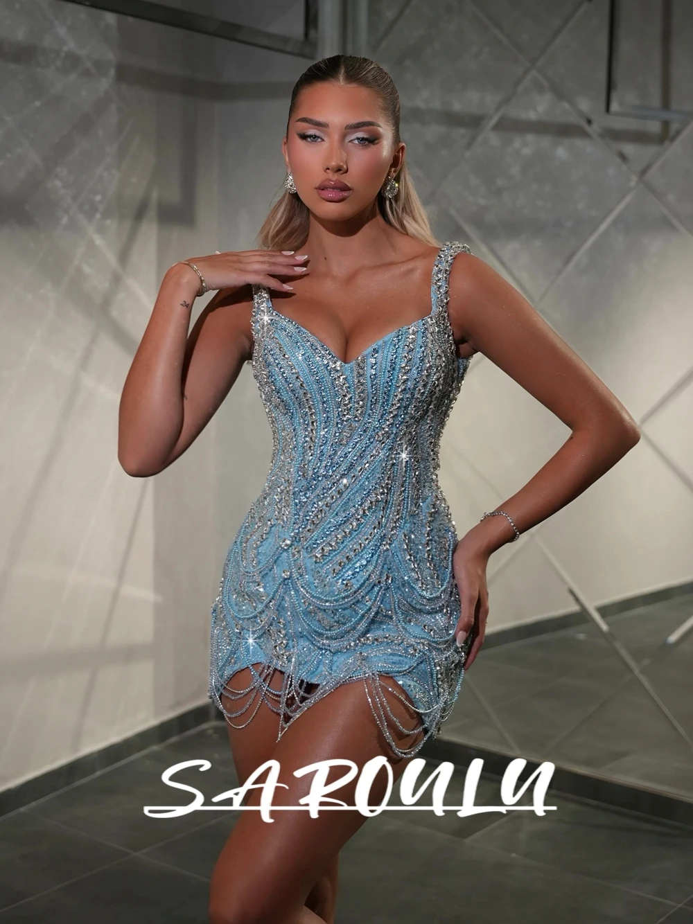 

Unique Light Blue Bodycon Mini Evening Dress Embellished With Rhinestones and Glamorous Tassel Customized Sparkling Club Party