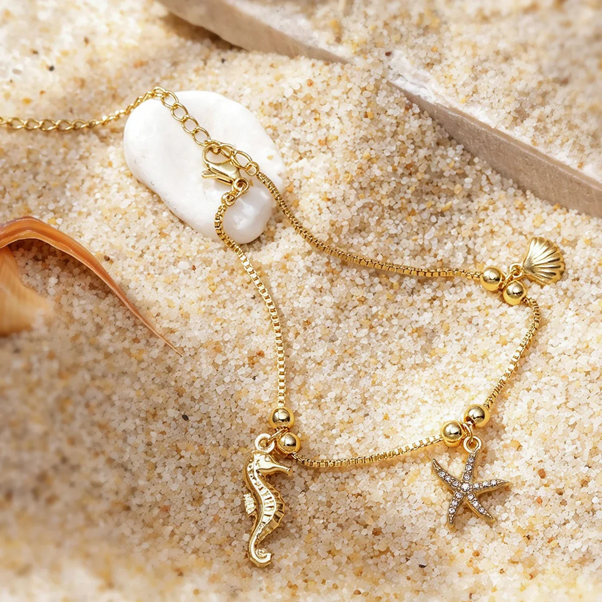 NEWBUY 316L Stainless Steel Ocean Charm Bracelet Seahorse Starfish Seashell Waterproof Summer Beach Stackable Jewelry