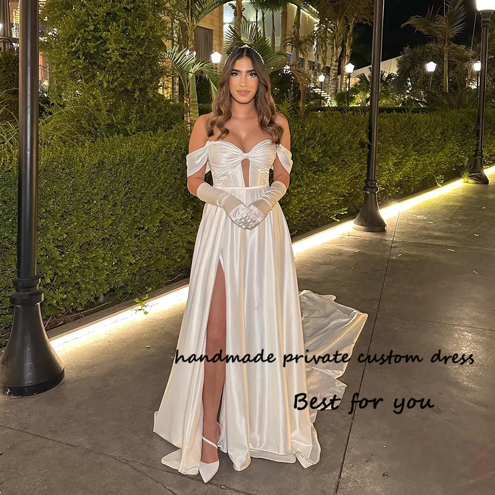 

White Satin Off Shoulder Wedding Dresses Side Split Sexy Sweetheart Bridal Gowns Beach Wedding Party Dress 2023