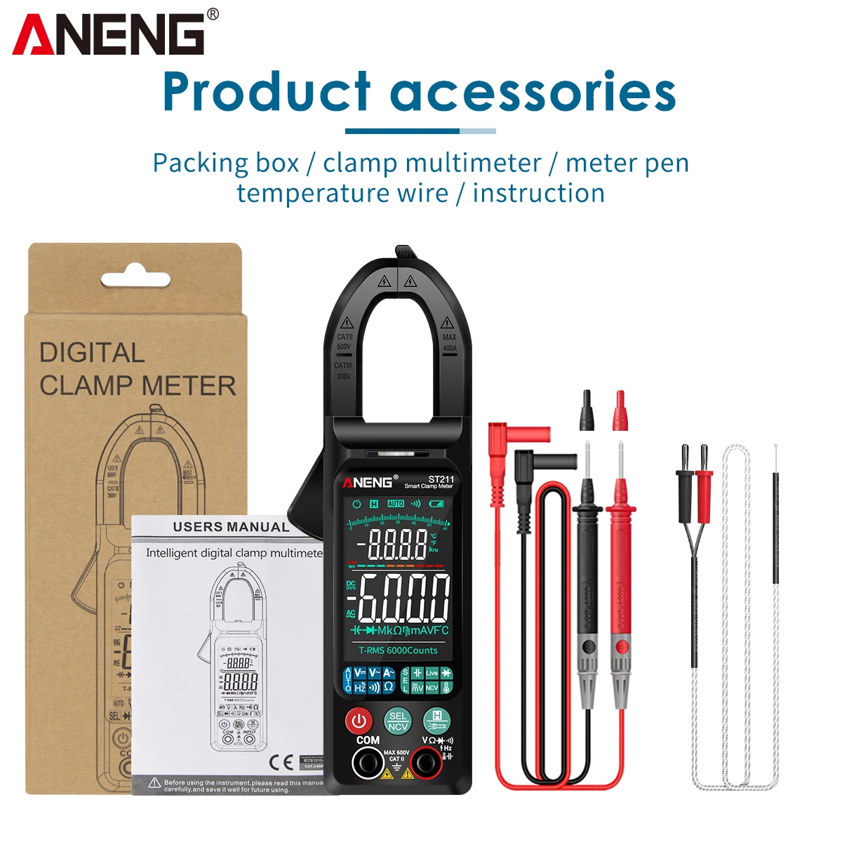 

ANENG ST211 Clamp Multimeter Meter Digital 6000 Counts DC AC Current Voltage Tester Car Amp Hz Resistance NCV Ohm Diode Test to