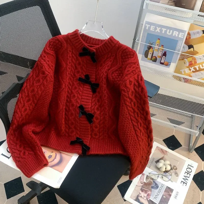 

2026 Spring Autumn New Vintage Women O-Neck Short Knitted Cardigan Bow Sweater Fashion Loose Ladies Knitwear Sweaters Coat B1342