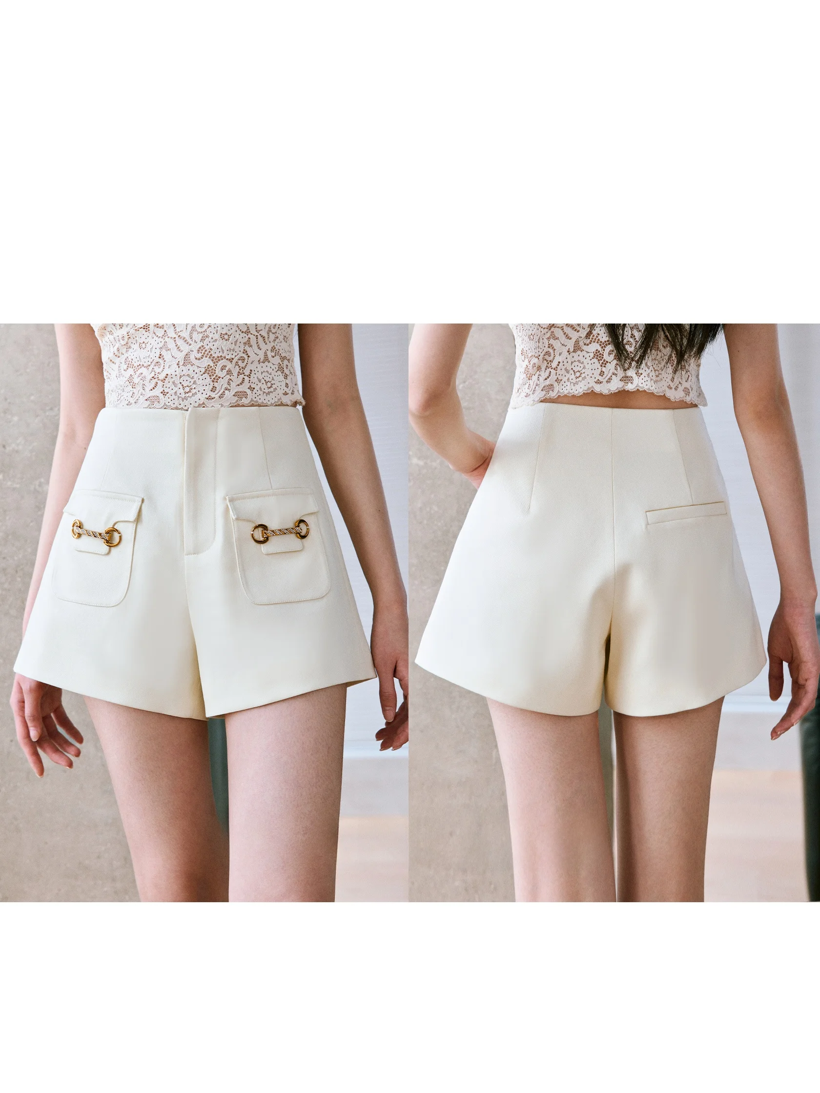 

WANGXO High Waist A-Line Suit Shorts Metal Decorated Micro-Light Twill Woven Ladies Casual Pants with Pockets Spring 2026