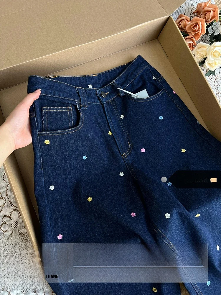 

High Waist Wide Leg Embroidered Floral Denim Jeans Women's Summer New Style Loose Fit Straight Floor-Length Pants