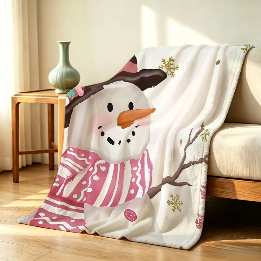 1PC Christmas pink adorable snowman printed flannel blanket, 2D single-sided printed blanket, sofa bed decorative blanket