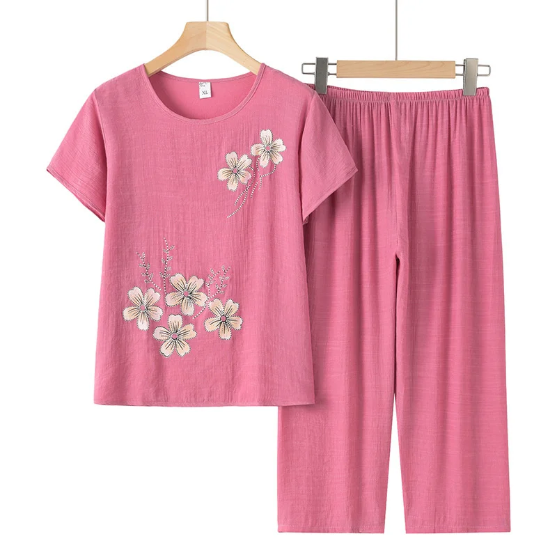 Middle-Aged Elderly Women Two-piece Suit Summer Thin Casual Sets Short Sleeve Tees Tops Elastic Waist Straight Pants Loose Sets