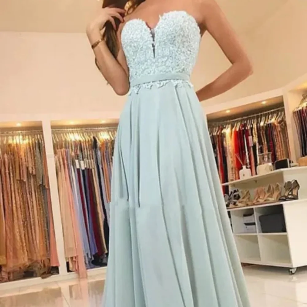 Elegant Mint Green Chiffon Lace Ball Gown Long Sweetheart Neck Backless Dress Party Evening Floor-length Tank Top