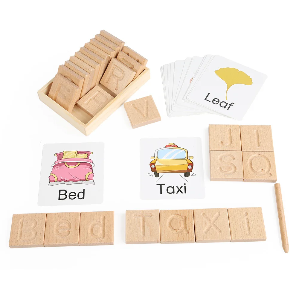 Wood Alphabet Letters Blocks Wooden Montessori Toys Grooved Writing Practice Flashcards Spelling Game English Learning Blind