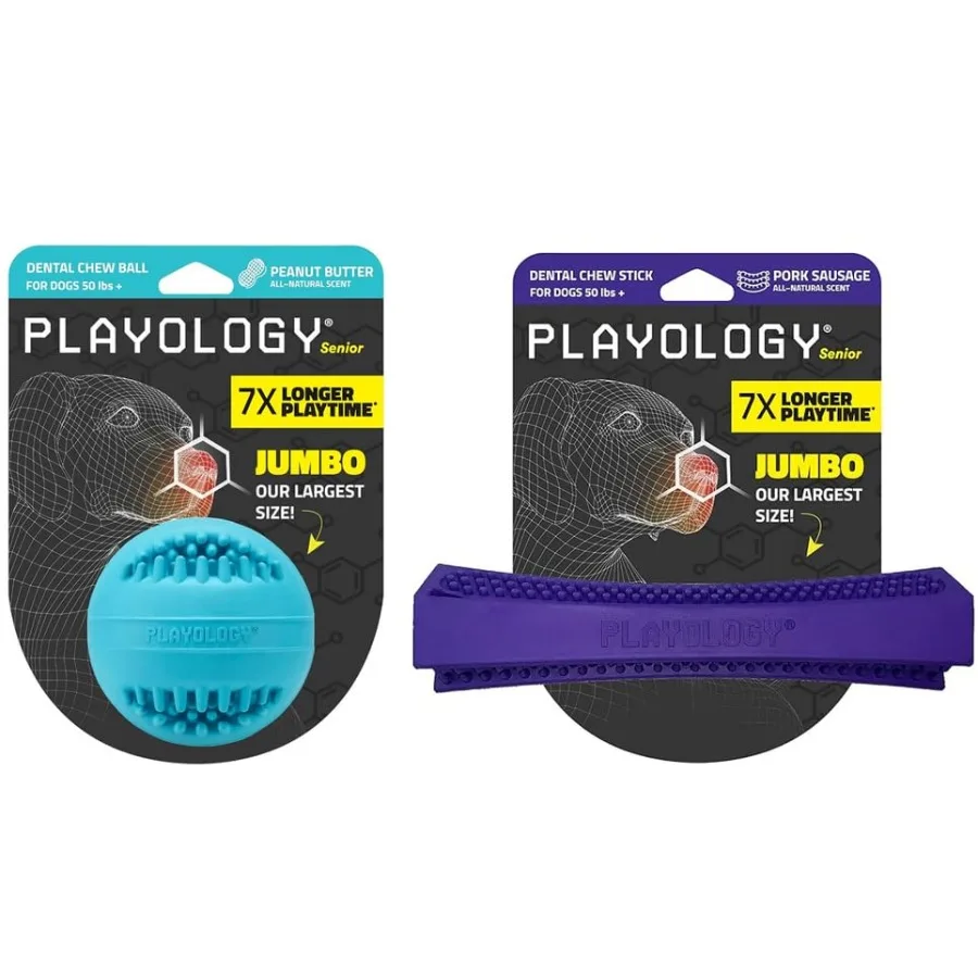 Paquete Dental para Perros Mayores: Barra Masticable de Mantequilla de Cacahuete Jumbo y Bola Masticable de Salchicha de Cerdo, Suave para las Encías y Hecho con Materiales No Tóxicos