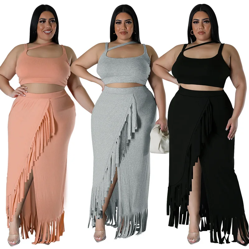 Maxi Skirt Big Size Women's Outfits Fringe Irregular Sleeveless Crop Top Skirt 2 Piece Matching Set Summer Sexy Two Piece Sets