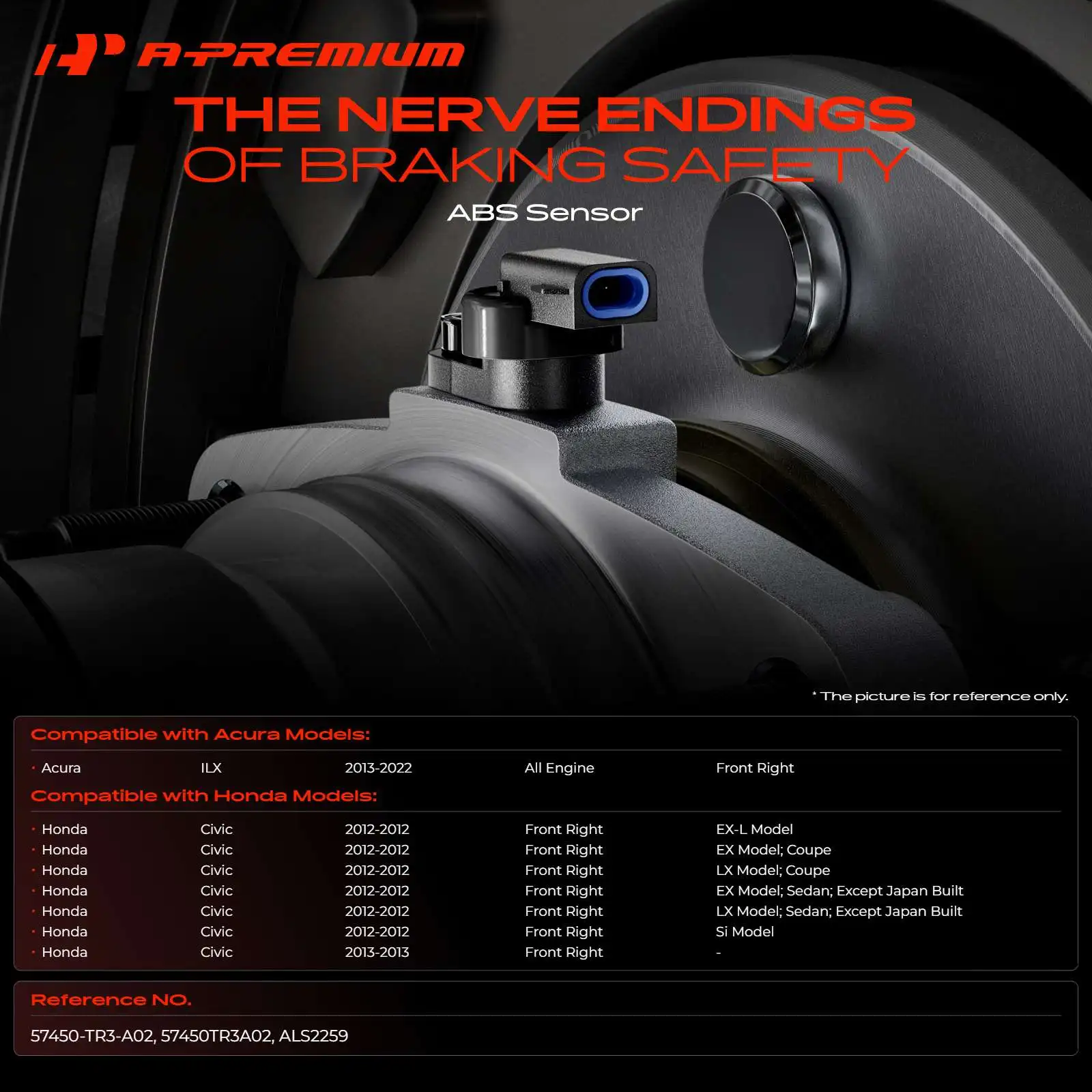 A-Premium Front Passenger Side ABS Wheel Speed Sensor for Honda Civic 2012-2013 Acura ILX 2013-2022 2