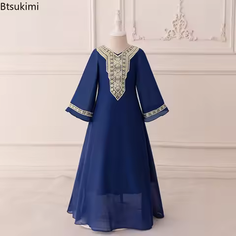 Middle East Saudi Arabia Kaftan Robe Girls Dresses Fashion Splicing Medium Long Dress Muslim Abayas Children Party Evening Dress