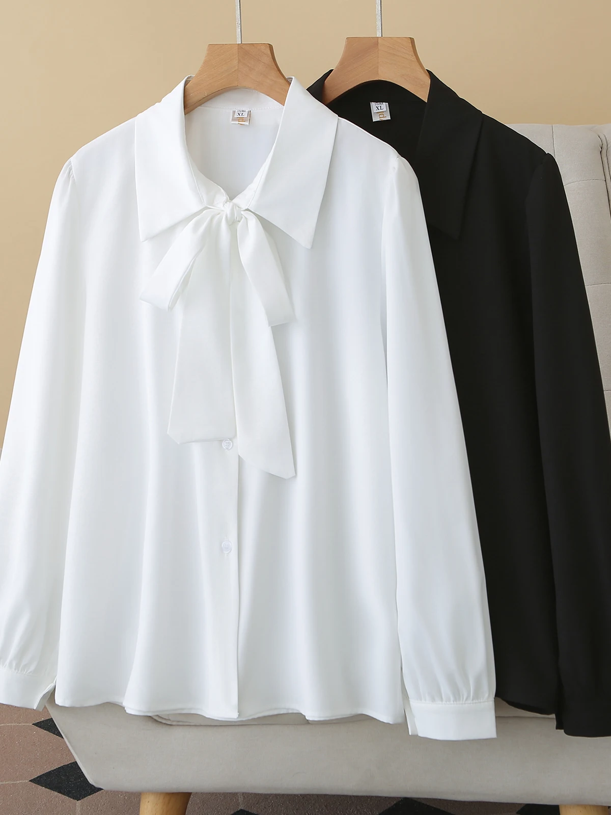 Spring New Style Ladylike Shirt with Sash Long Sleeve Women's plus Size Slimming Drapey Commute  Color Top  Knot