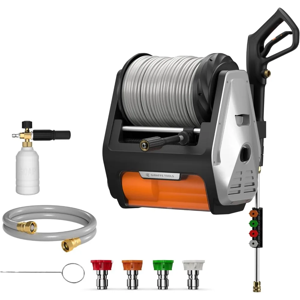 Retractable hose, foam gun, 4 nozzle pressure washer PRO, with 100 ft, for car/driveway/yard, light silver