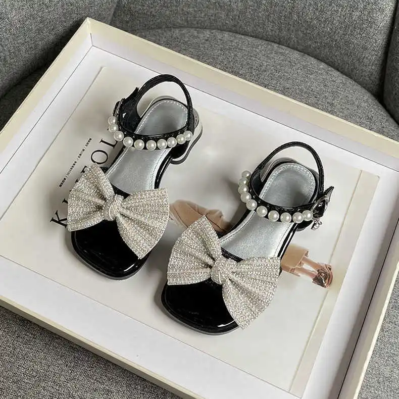 Girls Summer Fashion Sandals 2024 New Fashion Cute with Pearls Big Bownot Princess Shoes Trendy Square Heel All-match Sandals