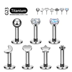 2Pcs Astm F136 Titanium Neus Piercing Draadloze Duwpin Labret Stud Cz Kraakbeen Oorbel Helix Tragus Piercing Hart Maan Bliksem