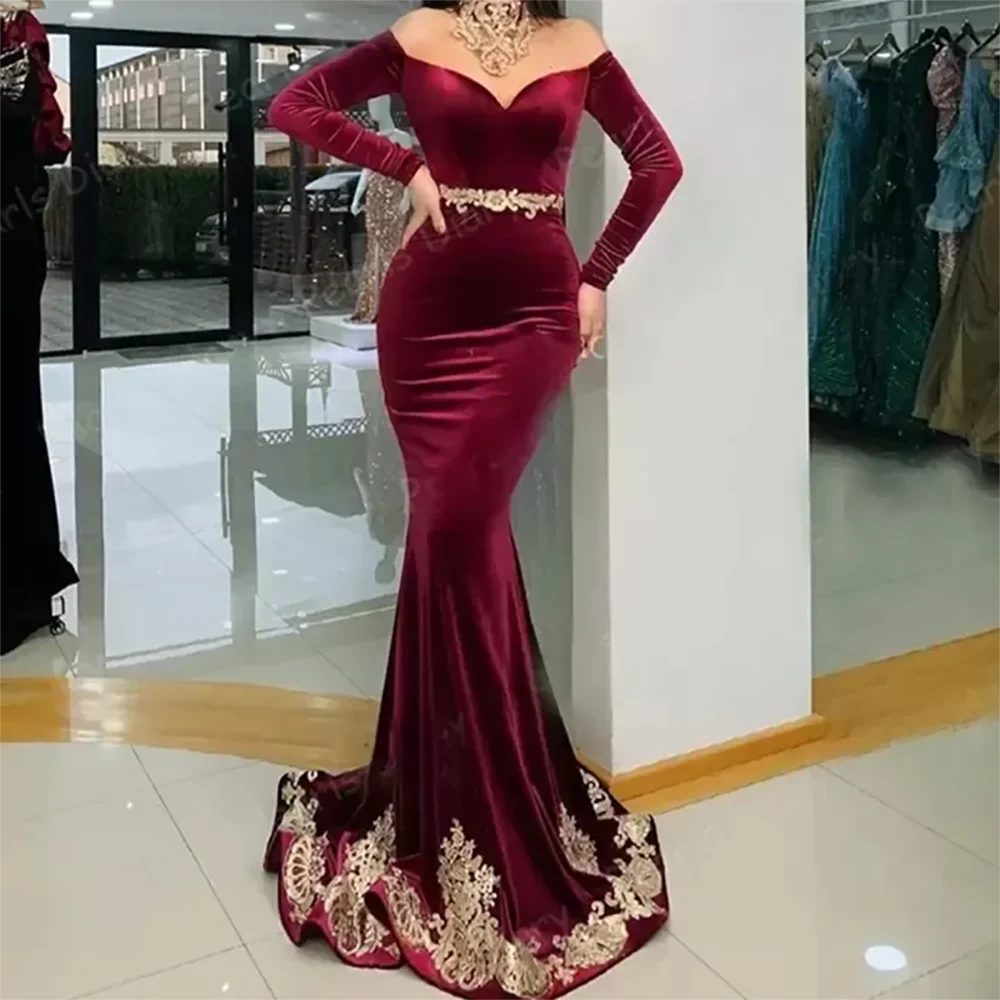 

Fashion Birthday Party Mermaid Wine Red Gold Long Strapless Formal Evening Dress Sexy Dubai Appliques Celebrity Gowns Customized