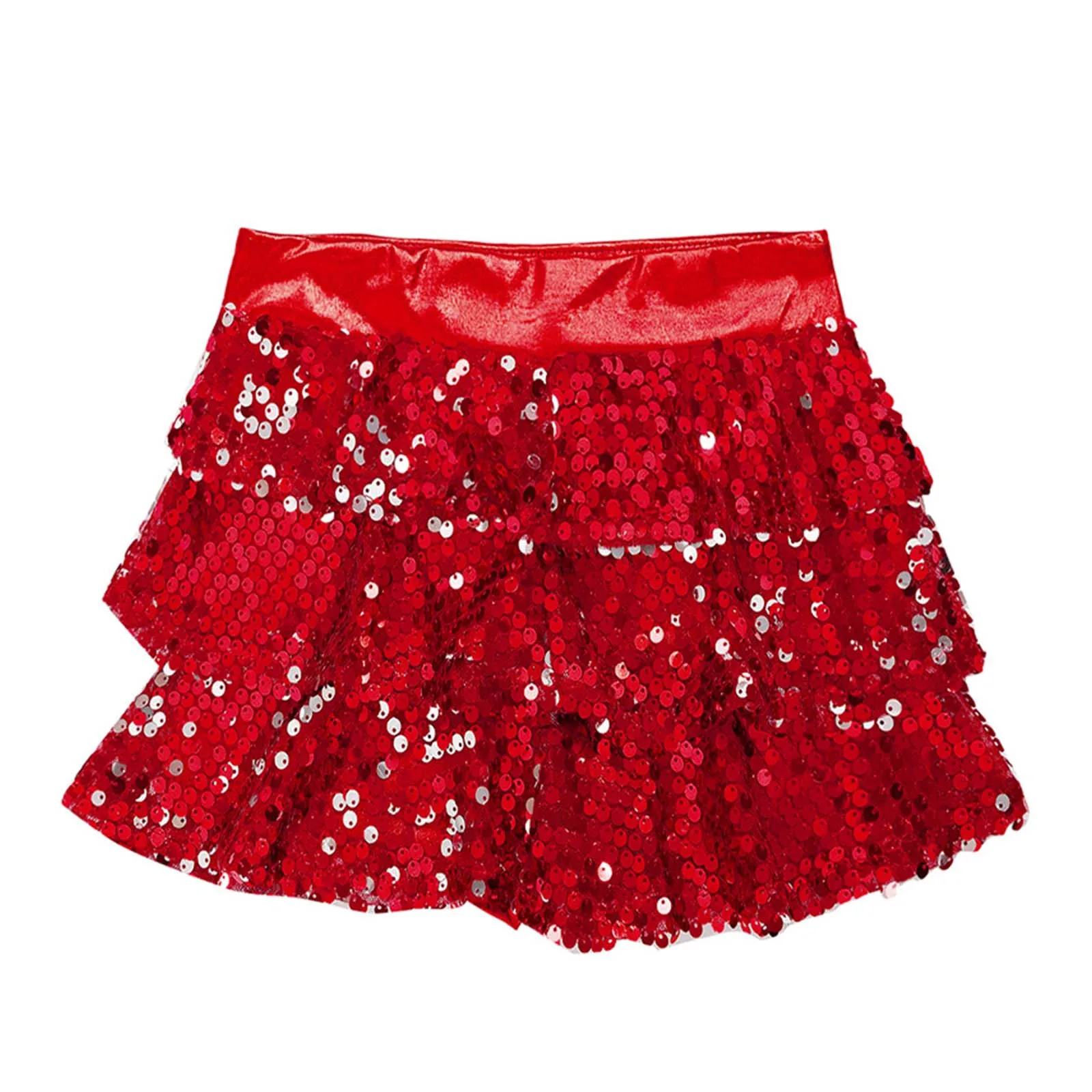 4-16Y Girls Tiered Ruffle Culottes Sequin Metallic Elastic Waistband Skirt Jazz Dance Cheerleading Stage Performance Costume