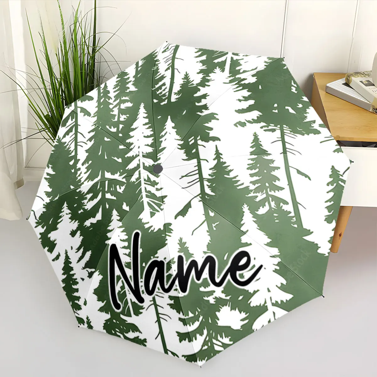 Custom Name Personalized Forest Pattern Umbrella with Custom Name Print 8 Iron Ribs Folding Umbrella Auto-Open Fashion Sunshade
