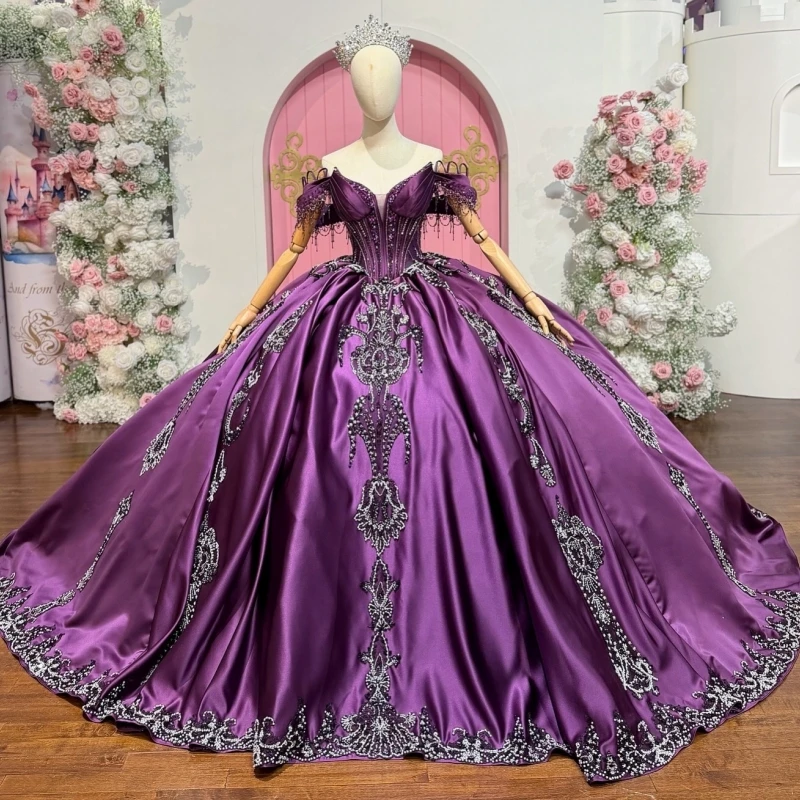 

Purple Quinceanera Dresses Ball Gown Off The Shoulder Sequin Applique Lace Beading Crystal Bow Corset Sweet 16 Dress Vestidos 15