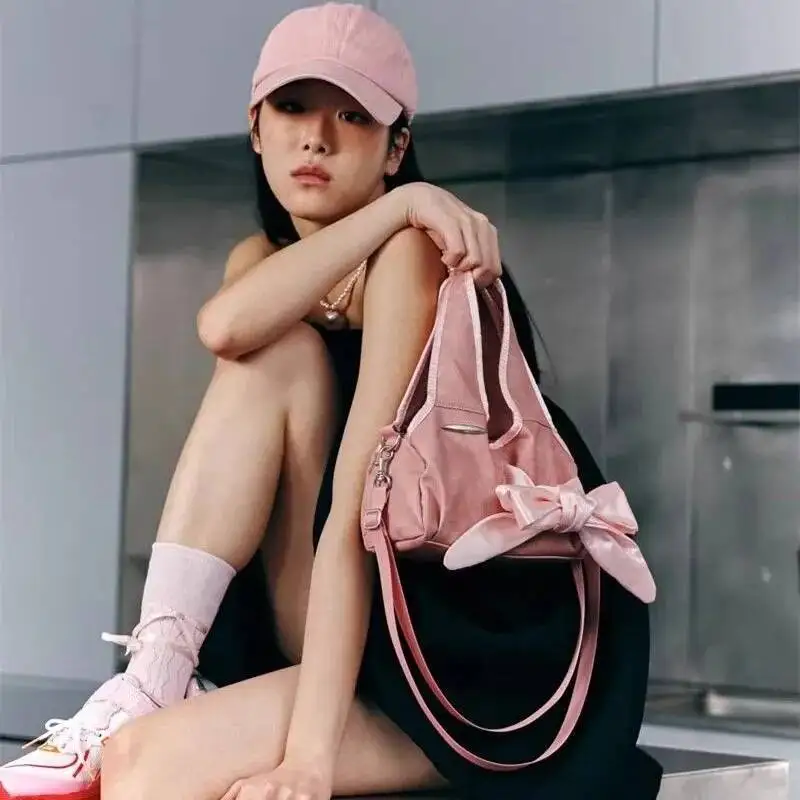 Bloom Haruku Bow Y2k Handbag Women Vintage Zipper Casual Crossbody Bags Purse Ladies Retro Handle Pink Messenger Bag Chic