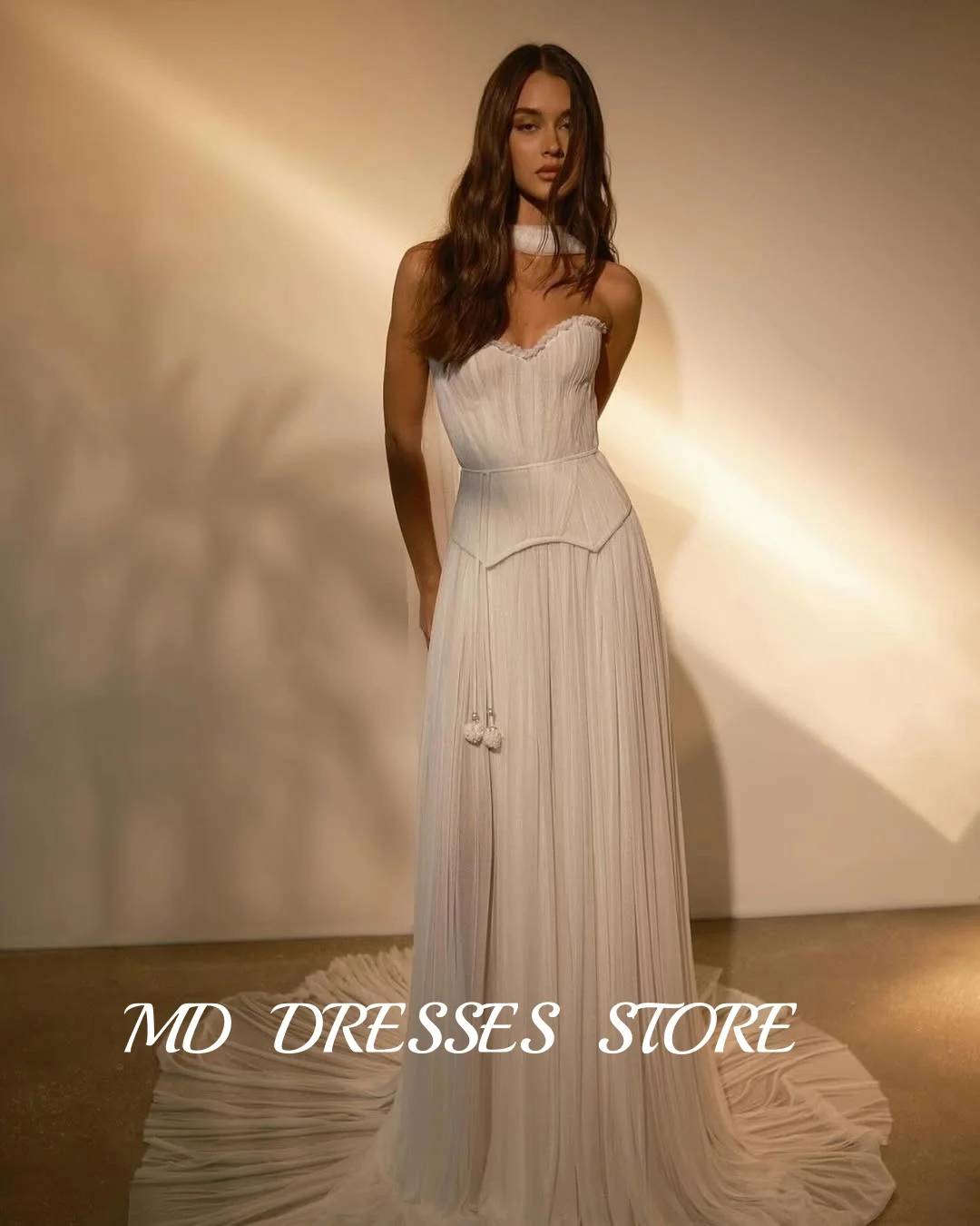 MD-Robe de Mariée Trapèze en Mousseline de Soie, Tenue de Soirée Personnalisée avec Traîne