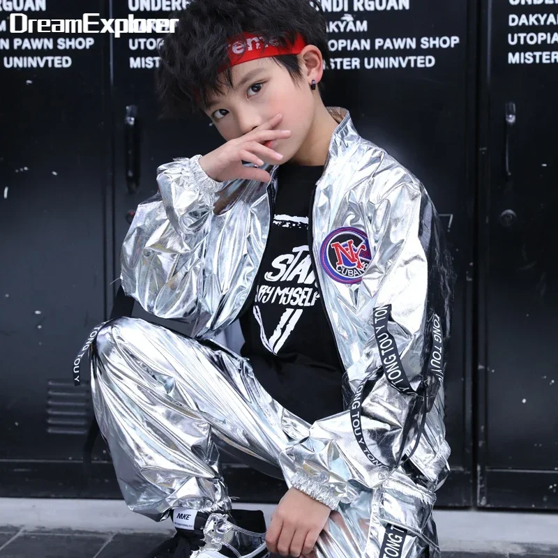 Boys Hip Hop Sliver Jacket Girls Jazz Joggers Pants Clothes Set Kids Sequins Street Dance Costumes Teen Shining Child Streetwear