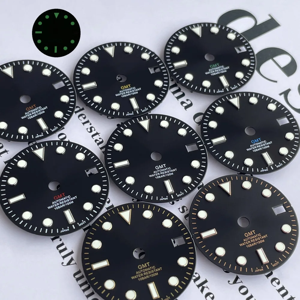 28.5mm Sun Pattern Modified GMT Four Pin Watch S Dial Green Night Light Suitable for Installing NH34 Movement Watch Accessories