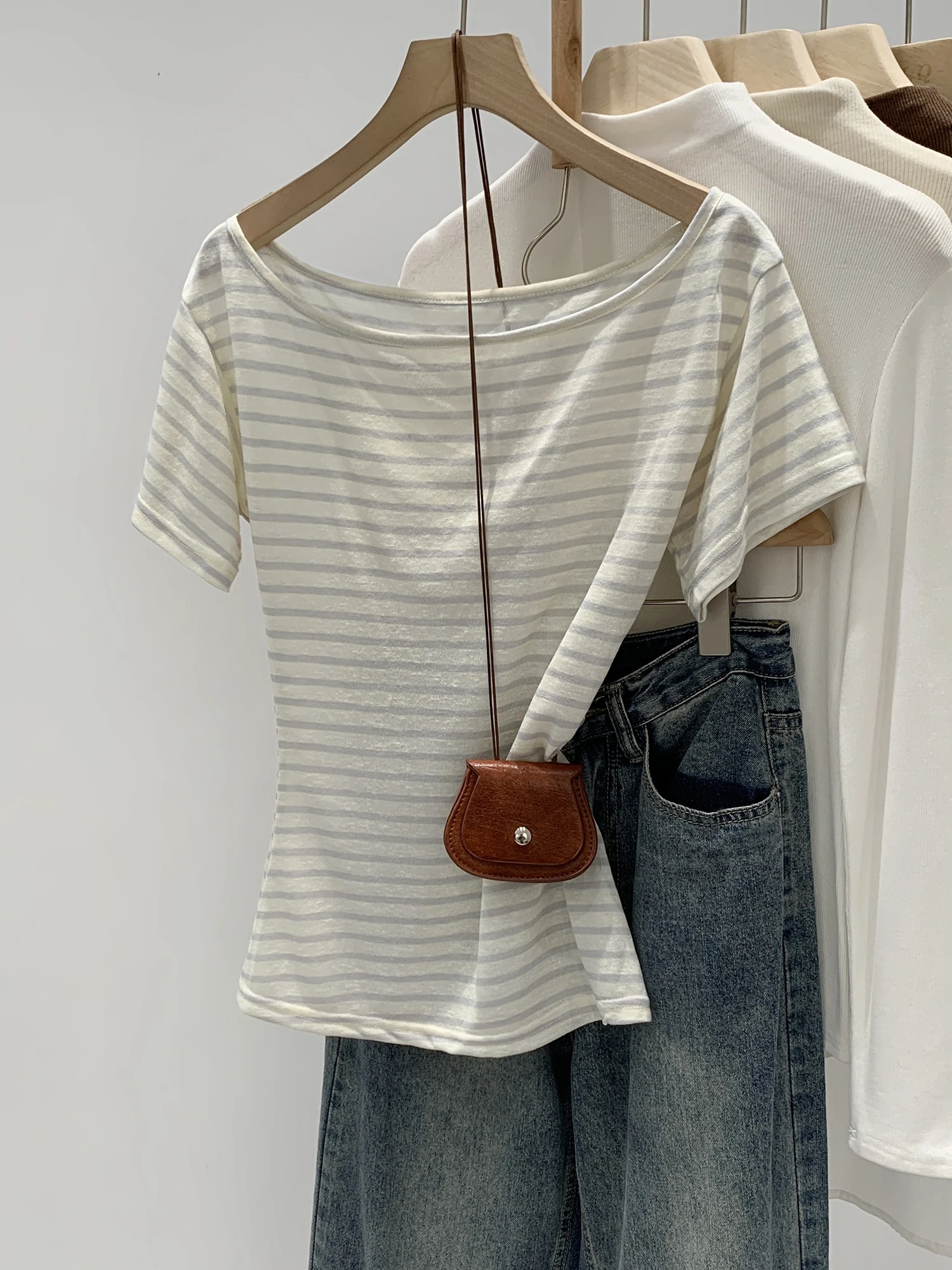 Summer Stripe Light Knitted Short Sleeve Women's Top Korean Style Breathable Cotton Blend Comfortable Fit All Body Types