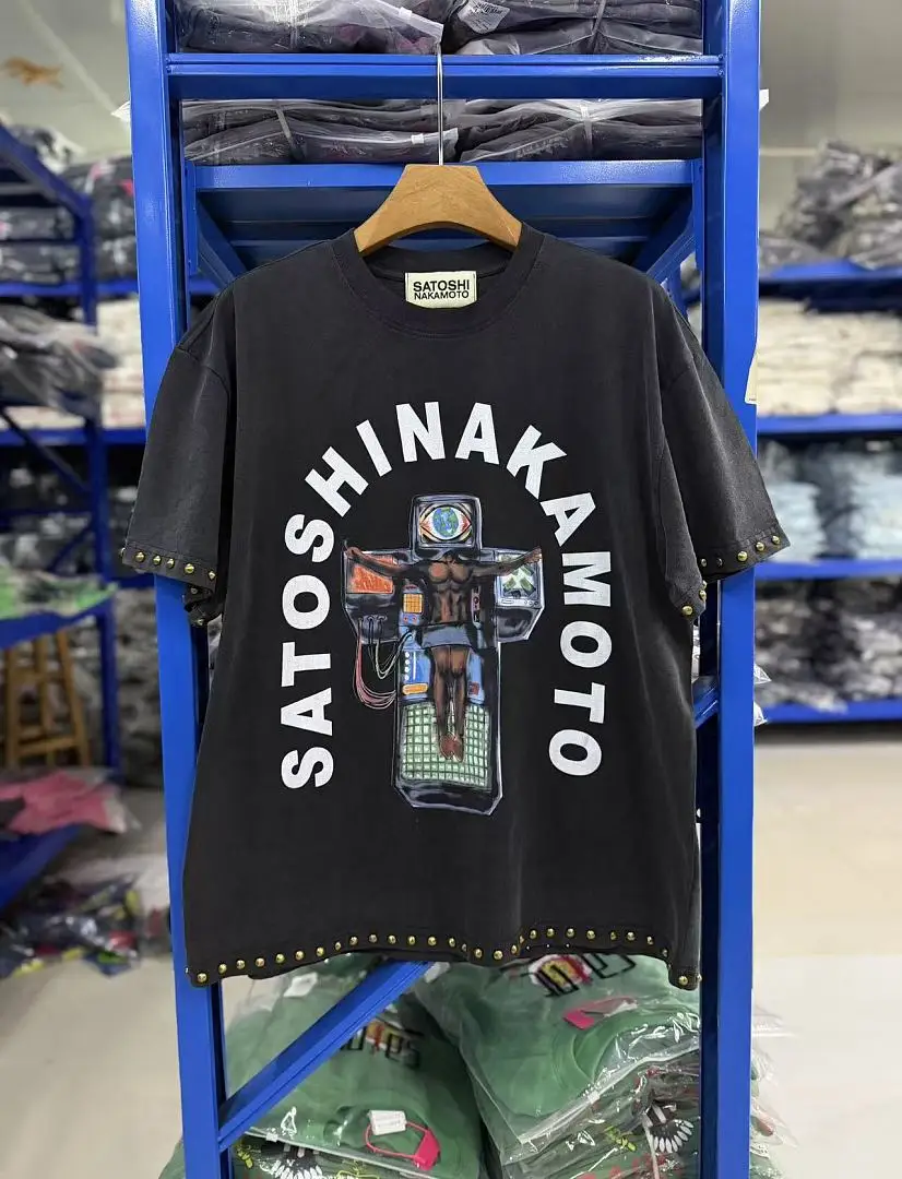 26SS Satoshi Nakamoto Welcome To The Machine Studded Logo Washed Vintage Rivet Women Men Short-Sleeve T-Shirt Tops tees
