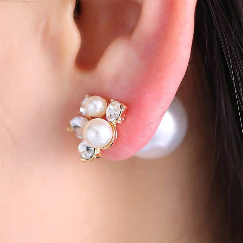 Double Sides Pearl Flower Earrings Trendy Fashion Ball Crystal Ear Studs Piercing Earring For Women Wedding Party Jewelry Gifts