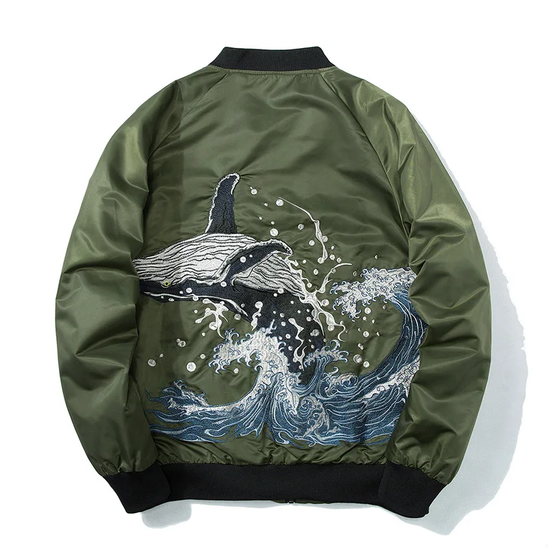 Whale Embroidered Bomber Jacket Men Cotton Padded MA1 Thick Coat Oversize Baseball Male Coats Winter Japanese Sukajan