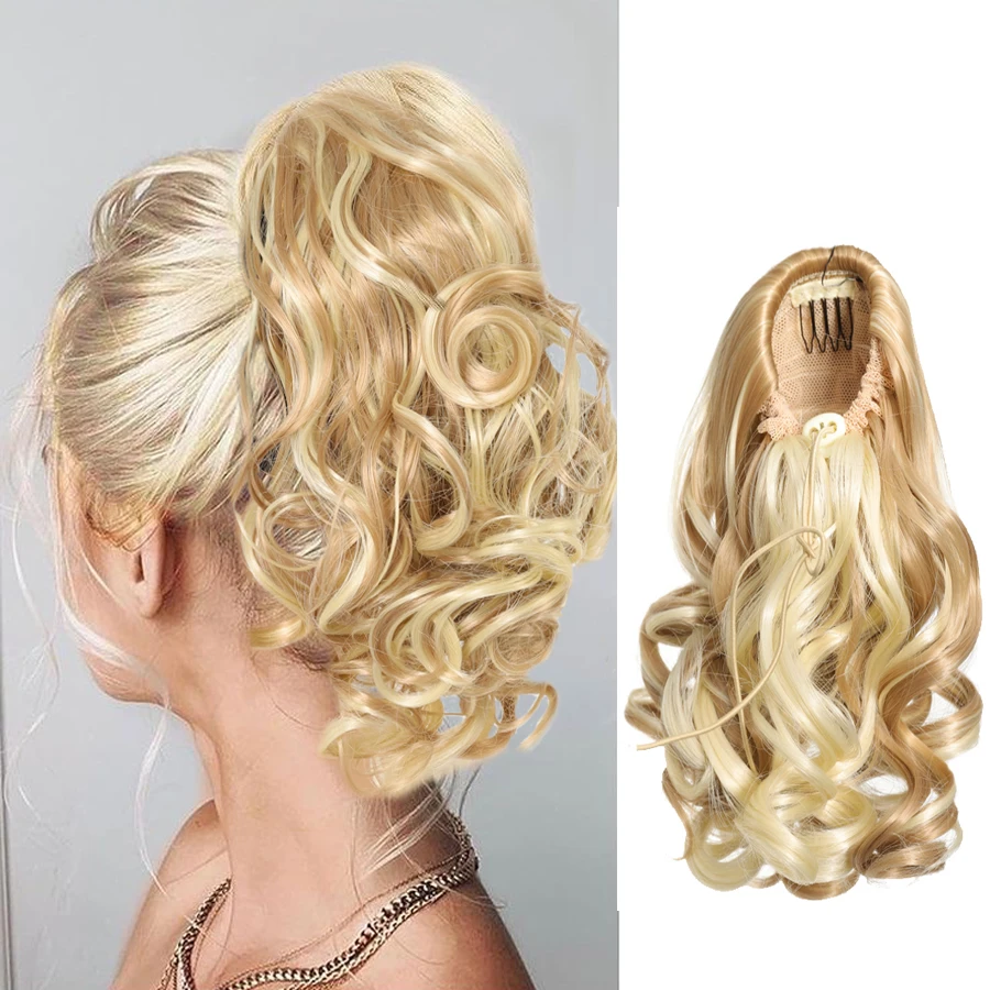 Extensions queue de cheval ondulées courtes avec cordon de serrage pour femme, faux cheveux, fibre synthétique, clip