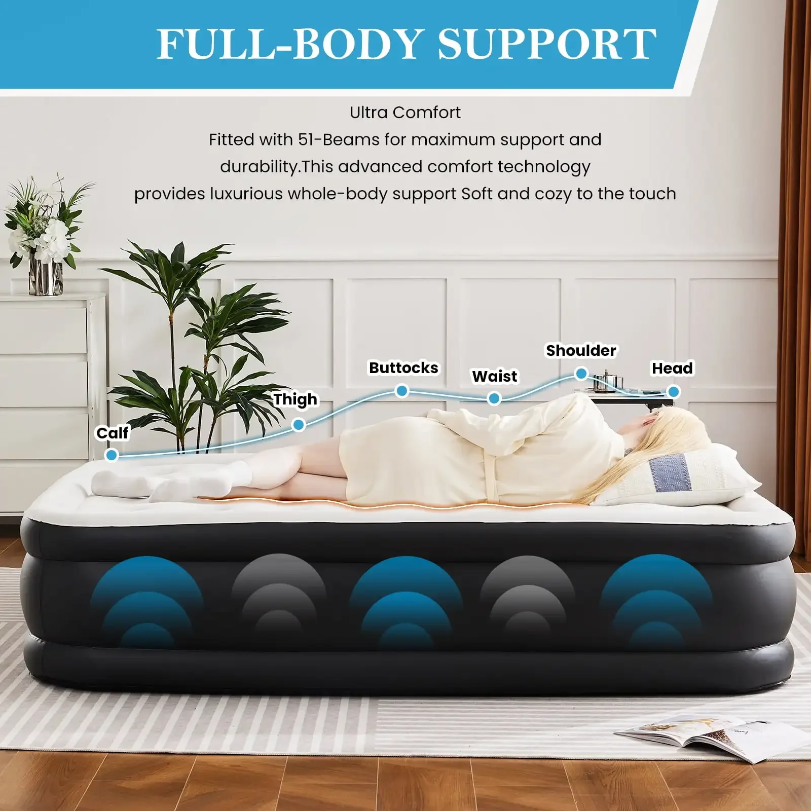 Colchão de ar Queen, 18 polegadas ajustável com bomba integrada de alta capacidade