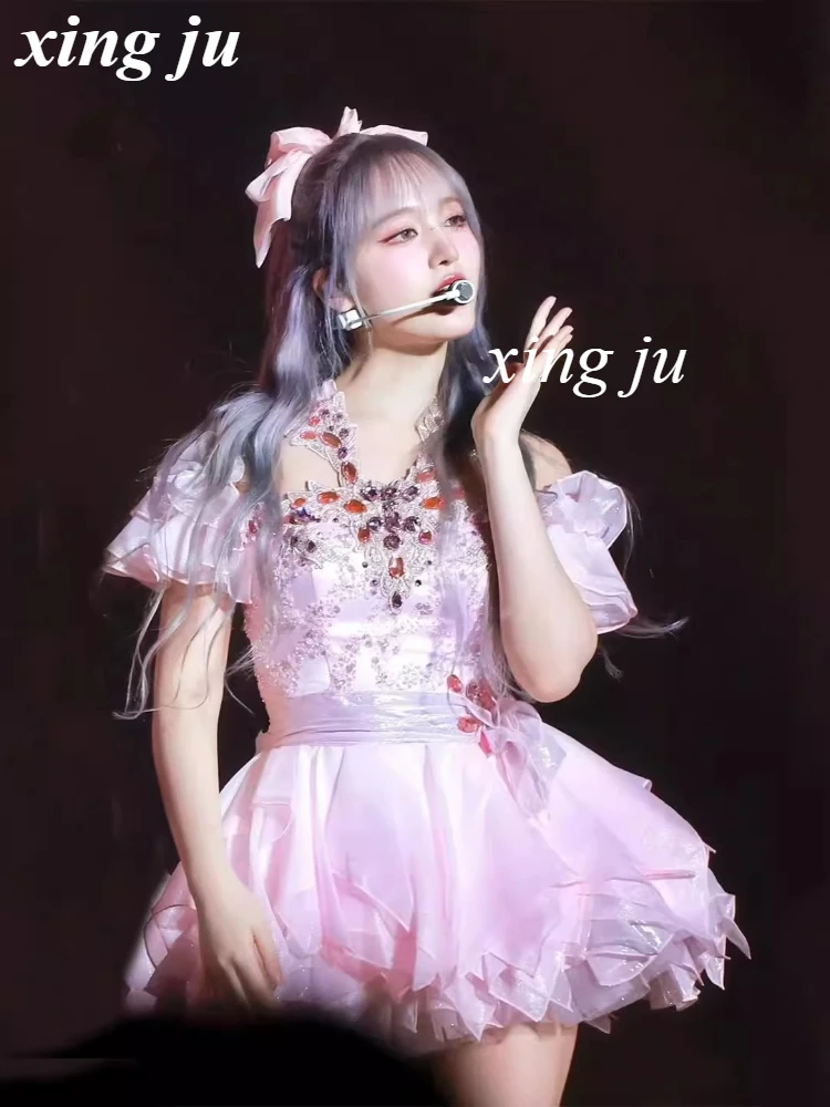 Kpop Koreaanse Groep Jazzdans Kostuums Vrouwelijke DJ Zanger Roze Strass Strapless Halter Jurk Concert Stage Performance Kleding