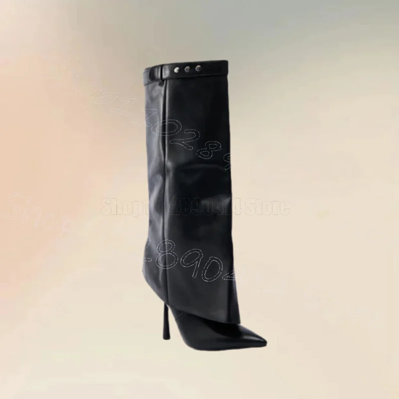 

Black Large Cuff Metal Decor Turned Over Boots Slip On Women Shoes Thin High Heels Pointed Toe Dating 2025 Zapatos Para Mujere